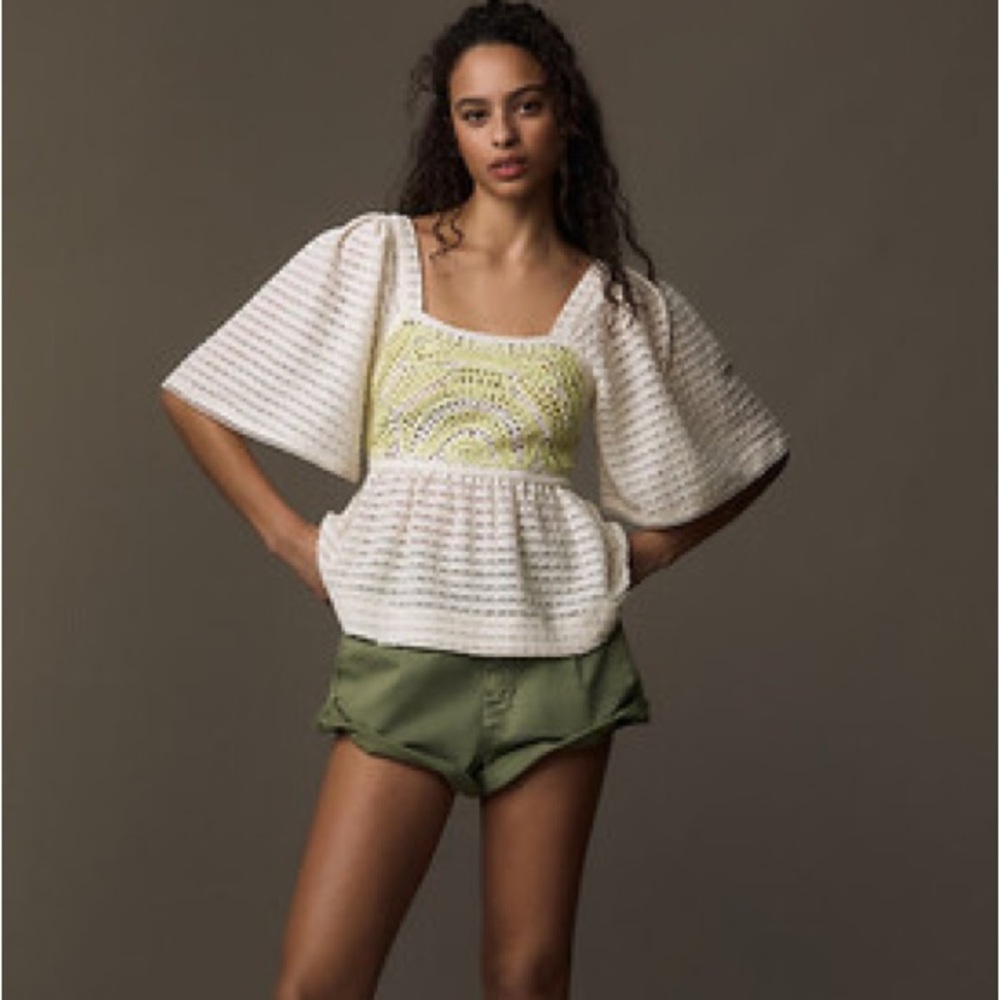 Anthropologie Sarah Hann Flutter-Sleeve Crochet Top